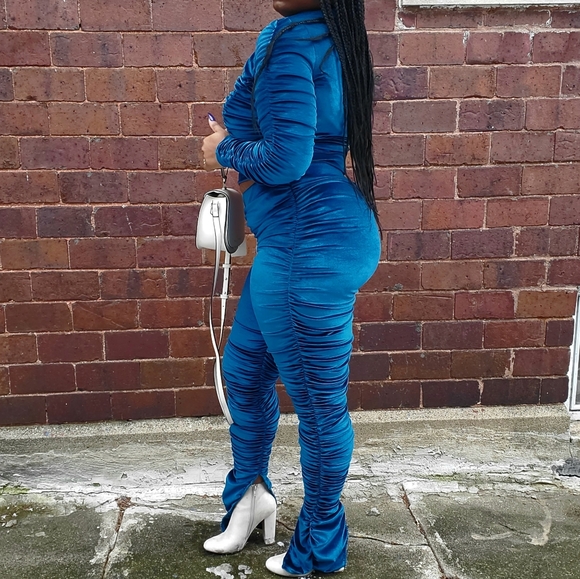 Cozy Rouched Colbat Blue Longsleeve Pants Set - Picture 3 of 6